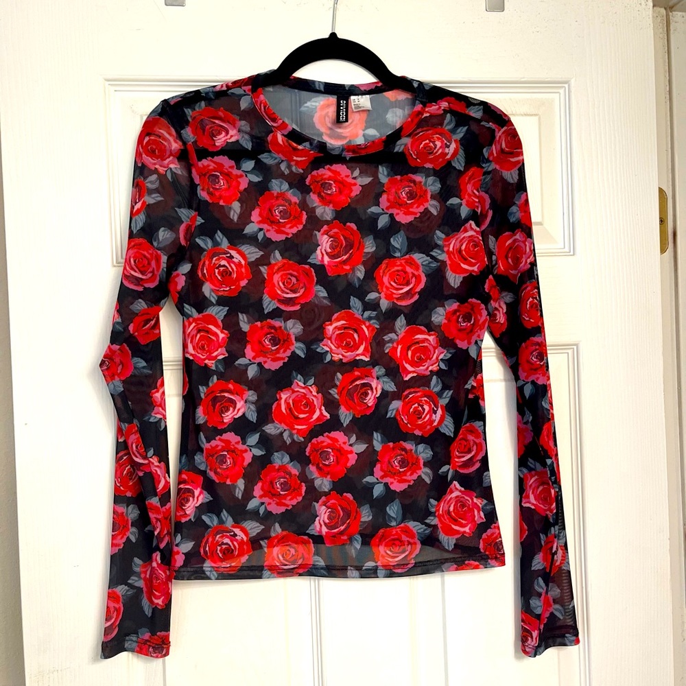 DIVIDED H&M sheer mesh long sleeve roses top; size M